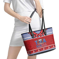 Toa Samoa Rugby Christmas Leather Tote Bag Ula Fala Samoan Pattern Red - Polynesian Pride