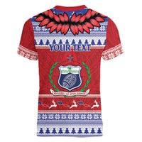 Personalised Toa Samoa Rugby Christmas Women V-Neck T-Shirt Ula Fala Samoan Pattern Red LT14 - Polynesian Pride