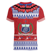 Personalised Toa Samoa Rugby Christmas Women V-Neck T-Shirt Ula Fala Samoan Pattern Red - Polynesian Pride