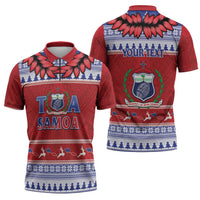 Personalised Toa Samoa Rugby Christmas Zipper Polo Shirt Ula Fala Samoan Pattern Red - Polynesian Pride