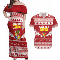 Personalised Tonga Rugby Christmas Couples Matching Off Shoulder Maxi Dress and Hawaiian Shirt Mate Maa Tonga Ngatu Pattern LT14 Red - Polynesian Pride