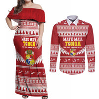 Personalised Tonga Rugby Christmas Couples Matching Off Shoulder Maxi Dress and Long Sleeve Button Shirt Mate Maa Tonga Ngatu Pattern - Polynesian Pride