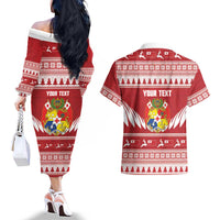Personalised Tonga Rugby Christmas Couples Matching Off The Shoulder Long Sleeve Dress and Hawaiian Shirt Mate Maa Tonga Ngatu Pattern - Polynesian Pride