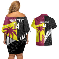 New Zealand and West Indies Cricket Custom Couples Matching Off Shoulder Short Dress and Hawaiian Shirt Black Cap Windies Together - Polynesian Pride