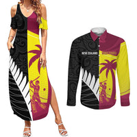 New Zealand and West Indies Cricket Custom Couples Matching Summer Maxi Dress and Long Sleeve Button Shirt Black Cap Windies Together LT14 Black - Polynesian Pride