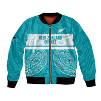 New Zealand Silver Fern Cricket Custom Bomber Jacket Black Cap Teal Maori Pattern - Polynesian Pride