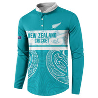 New Zealand Silver Fern Cricket Custom Button Sweatshirt Black Cap Teal Maori Pattern - Polynesian Pride
