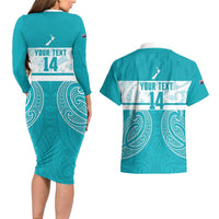 New Zealand Silver Fern Cricket Custom Couples Matching Long Sleeve Bodycon Dress and Hawaiian Shirt Black Cap Teal Maori Pattern - Polynesian Pride