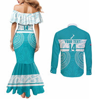 New Zealand Silver Fern Cricket Custom Couples Matching Mermaid Dress and Long Sleeve Button Shirt Black Cap Teal Maori Pattern - Polynesian Pride
