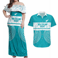 New Zealand Silver Fern Cricket Custom Couples Matching Off Shoulder Maxi Dress and Hawaiian Shirt Black Cap Teal Maori Pattern LT14 Teal - Polynesian Pride