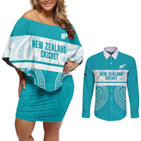 New Zealand Silver Fern Cricket Custom Couples Matching Off Shoulder Short Dress and Long Sleeve Button Shirt Black Cap Teal Maori Pattern - Polynesian Pride
