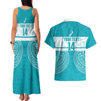New Zealand Silver Fern Cricket Custom Couples Matching Tank Maxi Dress and Hawaiian Shirt Black Cap Teal Maori Pattern - Polynesian Pride