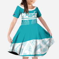 New Zealand Silver Fern Cricket Custom Family Matching Long Sleeve Bodycon Dress and Hawaiian Shirt Black Cap Teal Maori Pattern LT14 Daughter's Dress Teal - Polynesian Pride