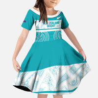 New Zealand Silver Fern Cricket Custom Family Matching Off Shoulder Maxi Dress and Hawaiian Shirt Black Cap Teal Maori Pattern LT14 Daughter's Dress Teal - Polynesian Pride