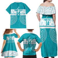 New Zealand Silver Fern Cricket Custom Family Matching Off Shoulder Maxi Dress and Hawaiian Shirt Black Cap Teal Maori Pattern - Polynesian Pride