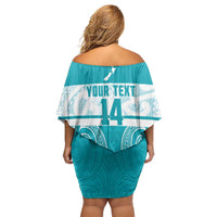 New Zealand Silver Fern Cricket Custom Family Matching Off Shoulder Short Dress and Hawaiian Shirt Black Cap Teal Maori Pattern - Polynesian Pride