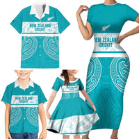 New Zealand Silver Fern Cricket Custom Family Matching Short Sleeve Bodycon Dress and Hawaiian Shirt Black Cap Teal Maori Pattern LT14 - Polynesian Pride
