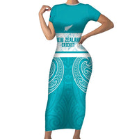 New Zealand Silver Fern Cricket Custom Family Matching Short Sleeve Bodycon Dress and Hawaiian Shirt Black Cap Teal Maori Pattern - Polynesian Pride