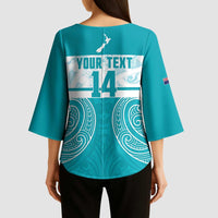 New Zealand Silver Fern Cricket Custom Kimono Sleeve Blouse Black Cap Teal Maori Pattern - Polynesian Pride