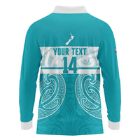 New Zealand Silver Fern Cricket Custom Long Sleeve Polo Shirt Black Cap Teal Maori Pattern - Polynesian Pride