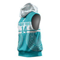 New Zealand Silver Fern Cricket Custom Sleeveless Hoodie Black Cap Teal Maori Pattern - Polynesian Pride