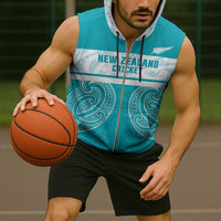 New Zealand Silver Fern Cricket Custom Sleeveless Zip Hoodie Black Cap Teal Maori Pattern - Polynesian Pride