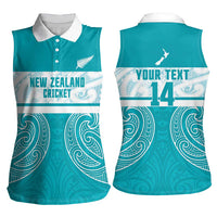 New Zealand Silver Fern Cricket Custom Women Sleeveless Polo Shirt Black Cap Teal Maori Pattern - Polynesian Pride