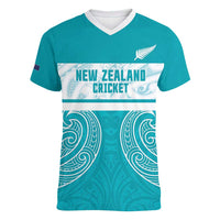 New Zealand Silver Fern Cricket Custom Women V-Neck T-Shirt Black Cap Teal Maori Pattern - Polynesian Pride