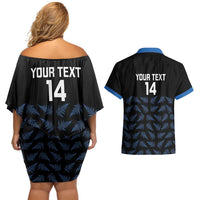 New Zealand Silver Fern Cricket Custom Couples Matching Off Shoulder Short Dress and Hawaiian Shirt Black Cap T20 Version LT14 - Polynesian Pride