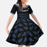 New Zealand Silver Fern Cricket Custom Family Matching Long Sleeve Bodycon Dress and Hawaiian Shirt Black Cap T20 Version LT14 Daughter's Dress Black - Polynesian Pride