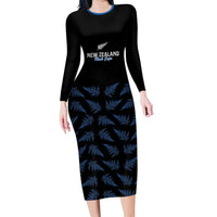 New Zealand Silver Fern Cricket Custom Family Matching Long Sleeve Bodycon Dress and Hawaiian Shirt Black Cap T20 Version - Polynesian Pride