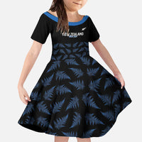 New Zealand Silver Fern Cricket Custom Family Matching Off The Shoulder Long Sleeve Dress and Hawaiian Shirt Black Cap T20 Version - Polynesian Pride