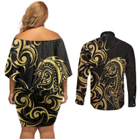 Gold And Black Aoteara Horse Racing Couples Matching Off Shoulder Short Dress and Long Sleeve Button Shirt NZ Maori Pattern