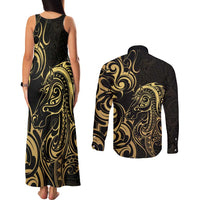 Gold And Black Aoteara Horse Racing Couples Matching Tank Maxi Dress and Long Sleeve Button Shirt NZ Maori Pattern