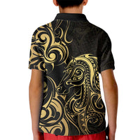 Gold And Black Aoteara Horse Racing Kid Polo Shirt NZ Maori Pattern