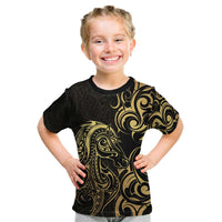 Gold And Black Aoteara Horse Racing Kid T Shirt NZ Maori Pattern