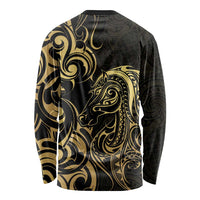 Gold And Black Aoteara Horse Racing Long Sleeve Shirt NZ Maori Pattern