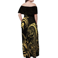 Gold And Black Aoteara Horse Racing Off Shoulder Maxi Dress NZ Maori Pattern