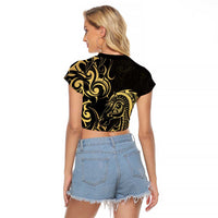Gold And Black Aoteara Horse Racing Raglan Cropped T Shirt NZ Maori Pattern