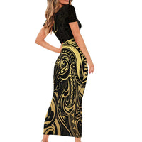 Gold And Black Aoteara Horse Racing Short Sleeve Bodycon Dress NZ Maori Pattern