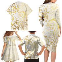Gold And White Aoteara Horse Racing Family Matching Long Sleeve Bodycon Dress and Hawaiian Shirt NZ Maori Pattern