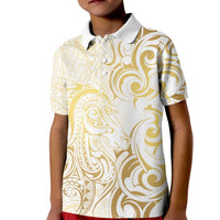 Gold And White Aoteara Horse Racing Kid Polo Shirt NZ Maori Pattern