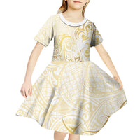 Gold And White Aoteara Horse Racing Kid Short Sleeve Dress NZ Maori Pattern