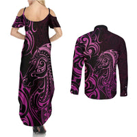 Pink Aoteara Horse Racing Couples Matching Summer Maxi Dress and Long Sleeve Button Shirt NZ Maori Pattern