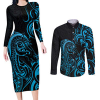 Blue Aoteara Horse Racing Couples Matching Long Sleeve Bodycon Dress and Long Sleeve Button Shirt NZ Maori Pattern