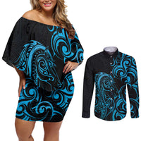 Blue Aoteara Horse Racing Couples Matching Off Shoulder Short Dress and Long Sleeve Button Shirt NZ Maori Pattern