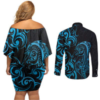 Blue Aoteara Horse Racing Couples Matching Off Shoulder Short Dress and Long Sleeve Button Shirt NZ Maori Pattern