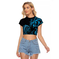 Blue Aoteara Horse Racing Raglan Cropped T Shirt NZ Maori Pattern
