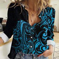 Blue Aoteara Horse Racing Women Casual Shirt NZ Maori Pattern