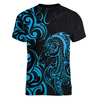 Blue Aoteara Horse Racing Women V-Neck T-Shirt NZ Maori Pattern
